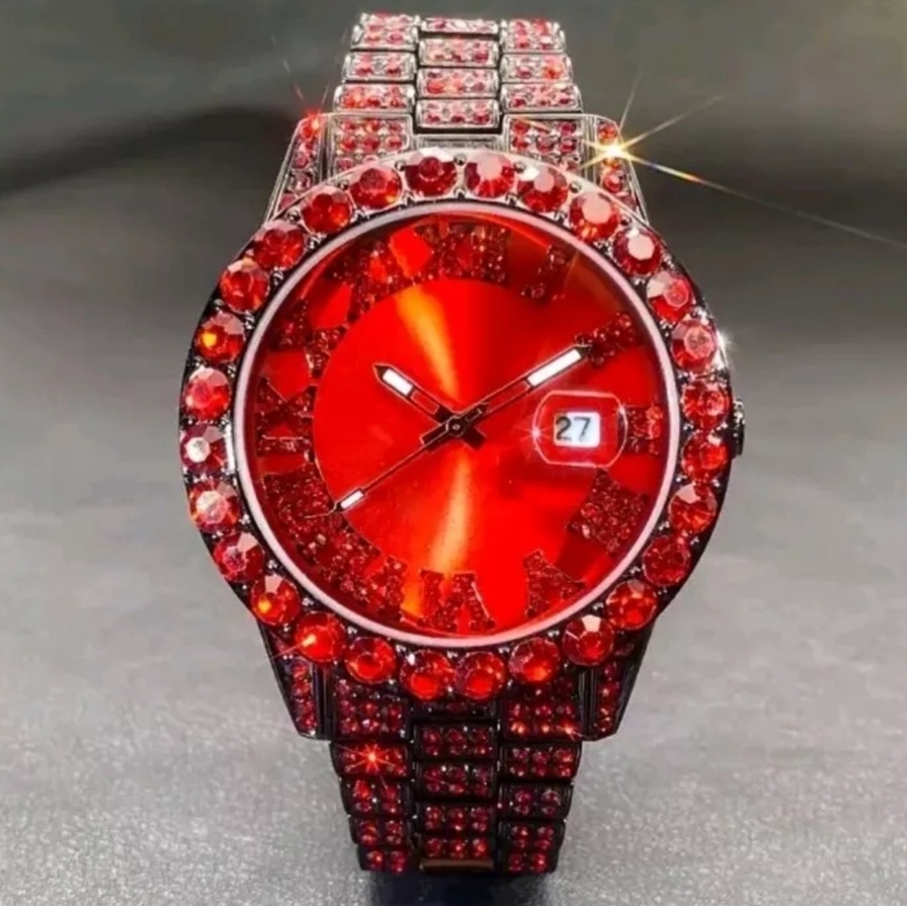 Mens Luxury Deep Fire Red  Iced Out Full Covered Simulated Diamond Quartz Watch